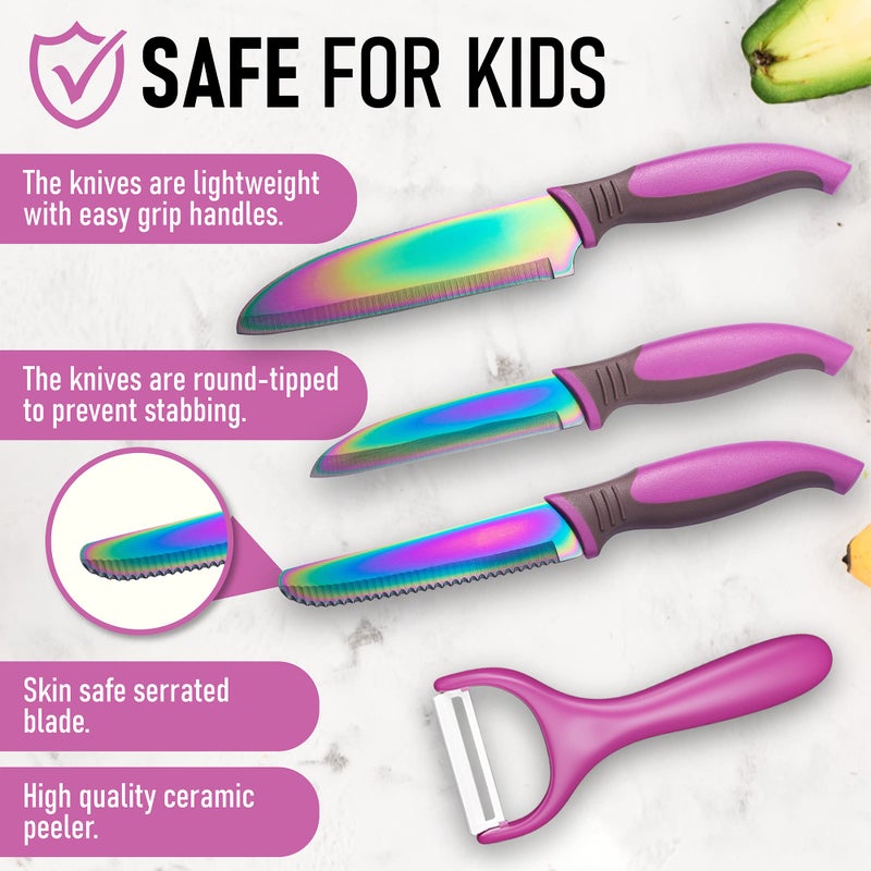 TruChef 5-Piece Kids Knife Set for Real Cooking | Stainless Steel Chef, Paring & Serrated Knives with Peeler & Holder | Safe Junior Chef Cooking Set for Kids (5 pcs, Pink) - Image 2